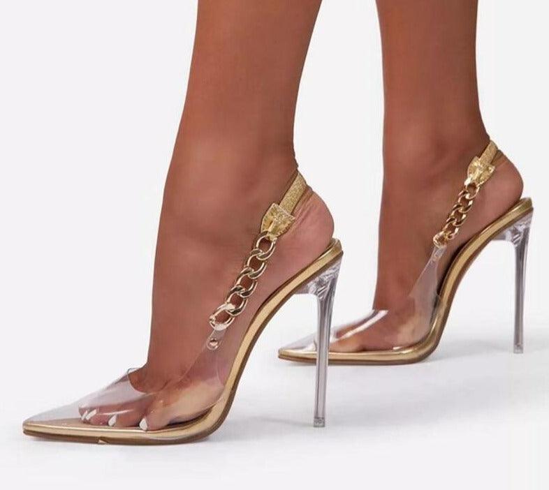 Crystal Heels with gold chain Black/Gold/Pink