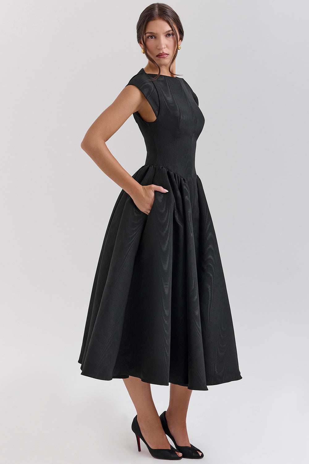 Debutante Black Moire Satin Backless Midi Dress - Black