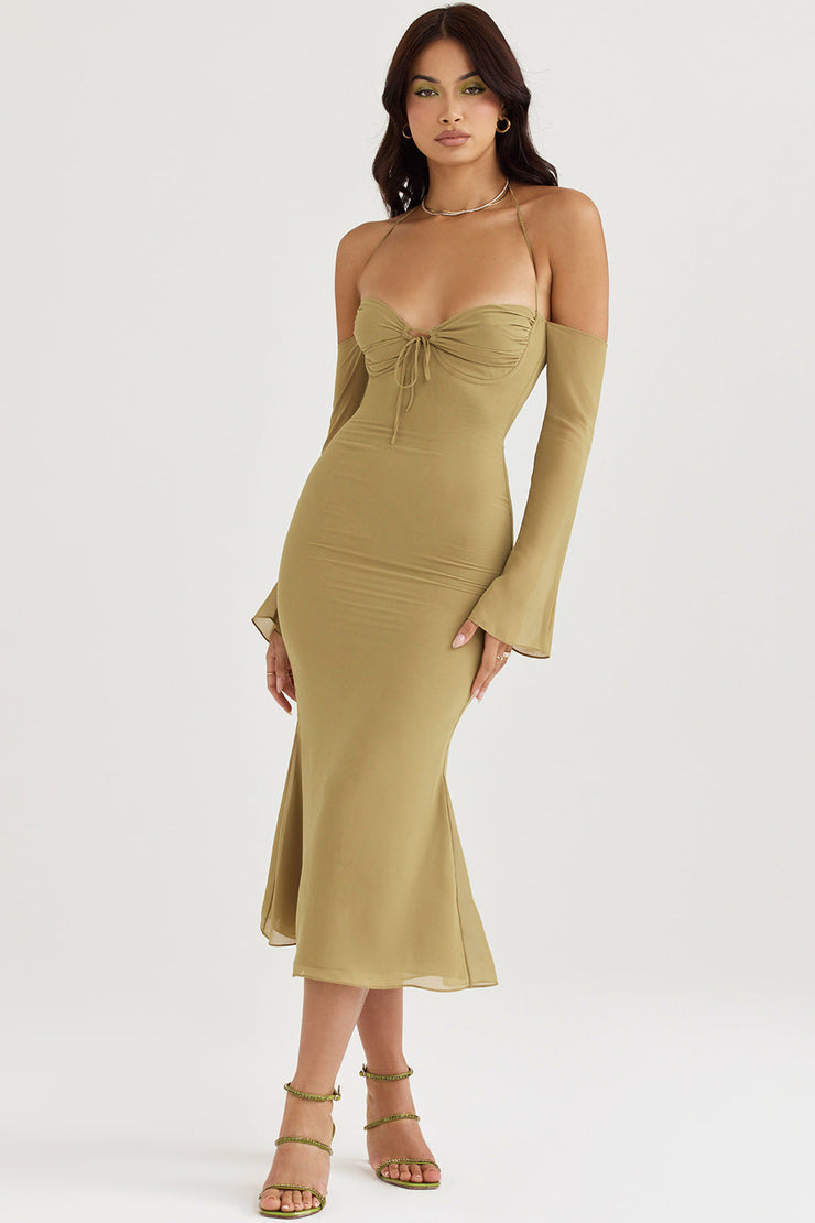 Naomi Olive Halter Midi Dress - Olive Green