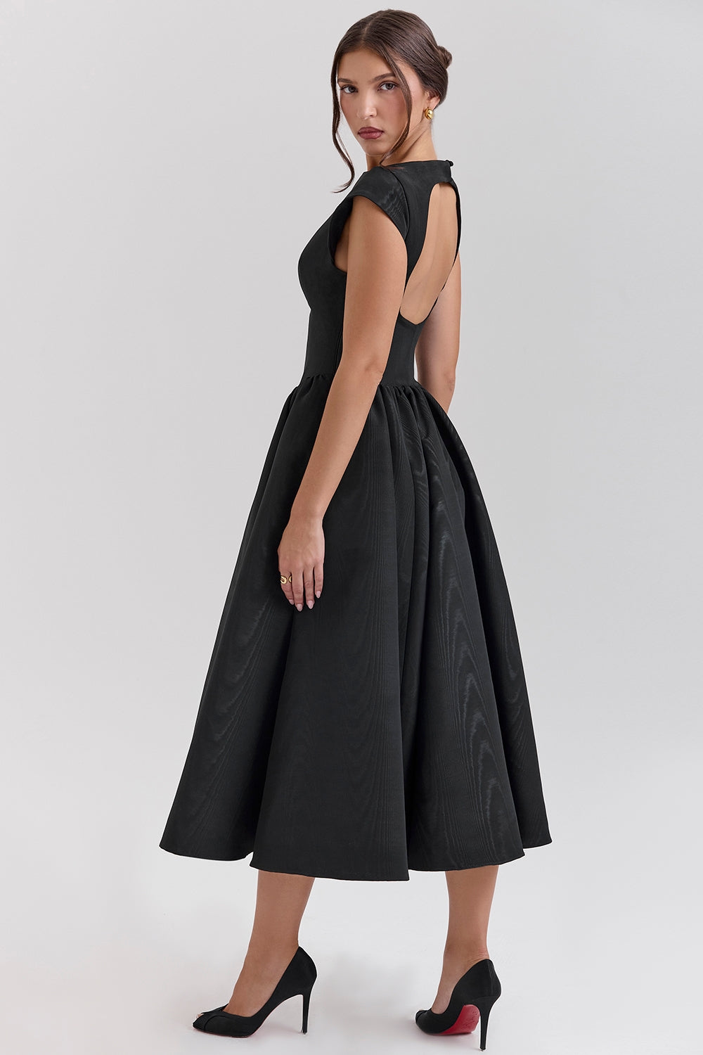 Debutante Black Moire Satin Backless Midi Dress - Black