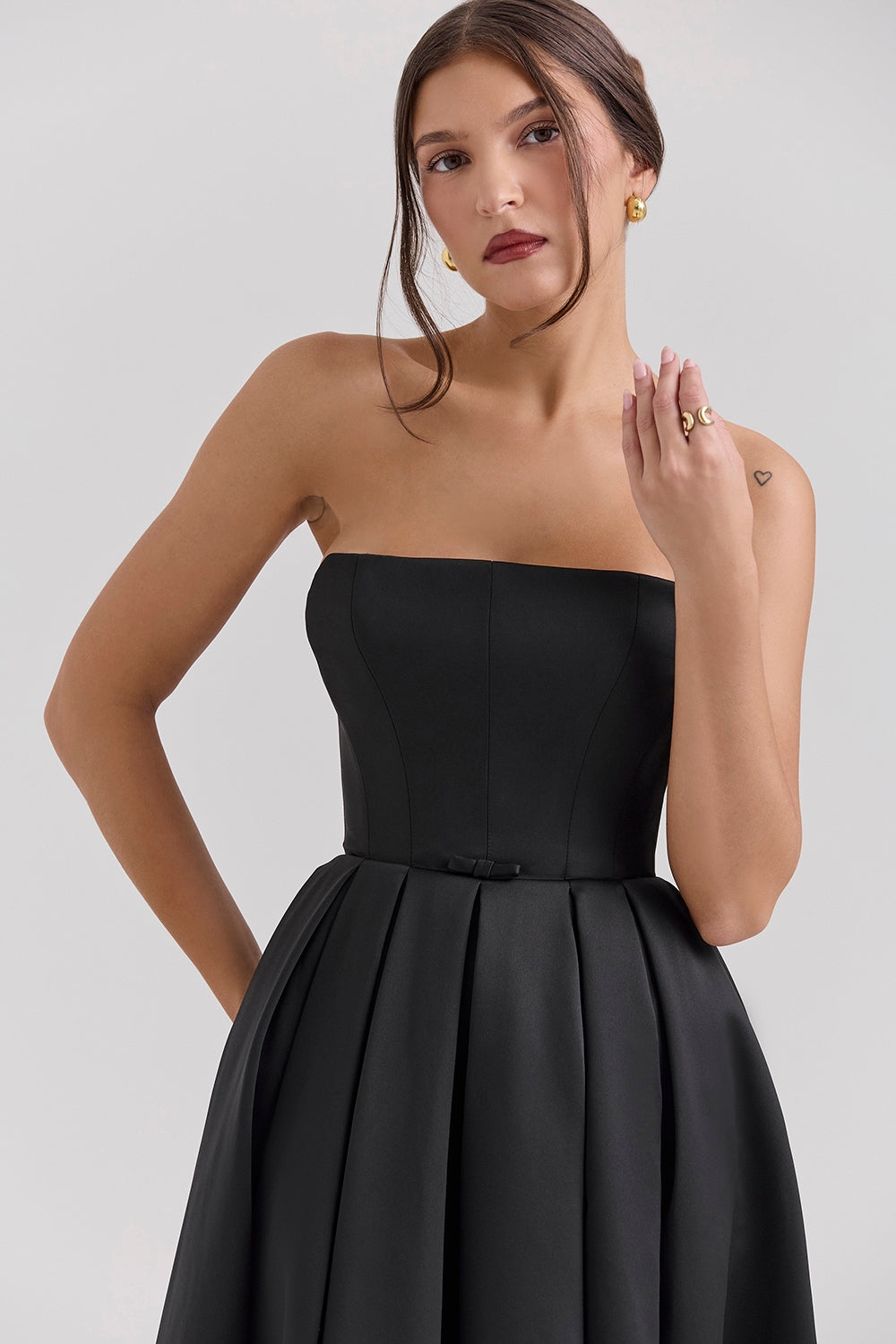 Strapless Satin Corset Midi Dress - Black