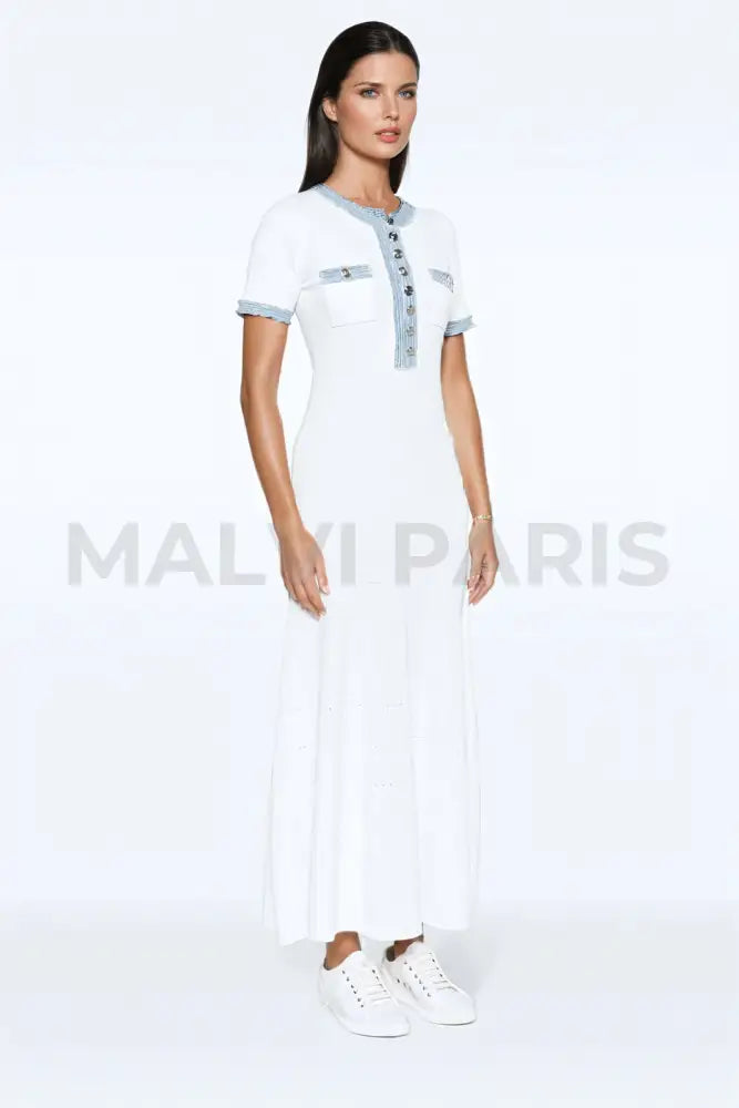 Denim-Trim Knitted Maxi Dress - White Dresses