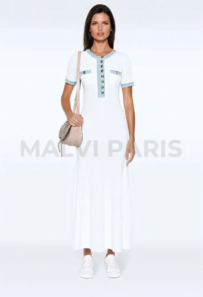 Denim-Trim Knitted Maxi Dress - White Dresses