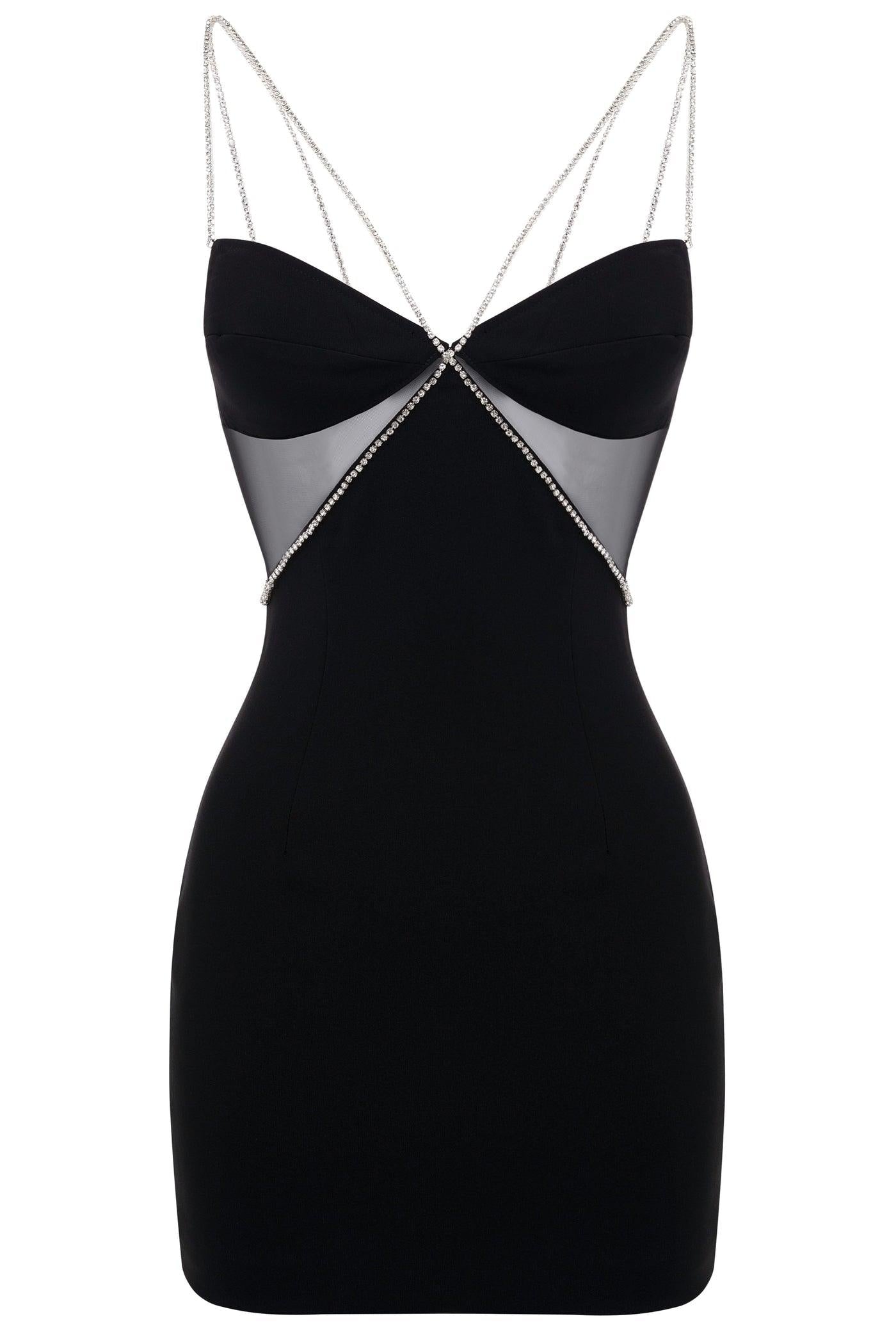 MADDY DIAMANTE STRAP CUTOUT MINI DRESS - Black