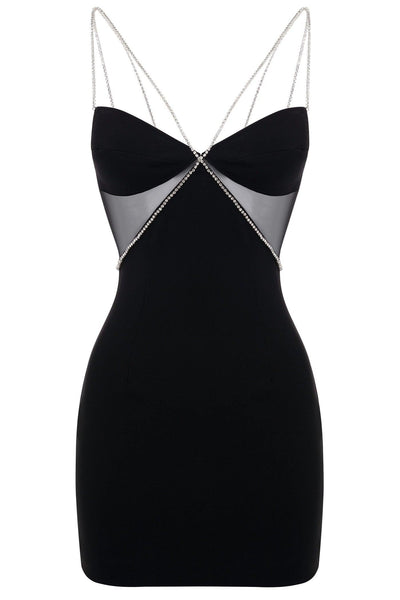 MADDY DIAMANTE STRAP CUTOUT MINI DRESS - Black - MALVI PARIS