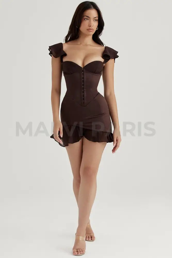 DIONNE ESPRESSO RUFFLE CORSET MINI DRESS - Brown - MALVI PARISMALVI PARIS