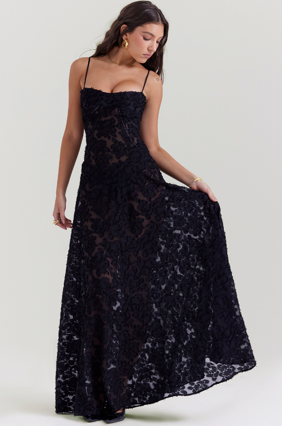 SEREN BLACK FLORAL LACE BACK MAXI DRESS - Black