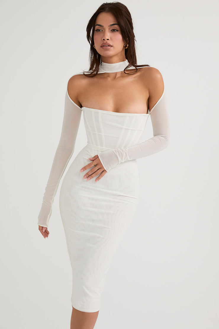 Milarose White Mesh Corset Midi Dress - White