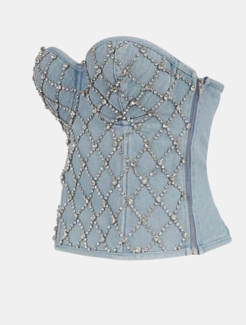 SERAPHINA DENIM CORSET RHINESTONE FISHNET BUSTIER TOP - Blue