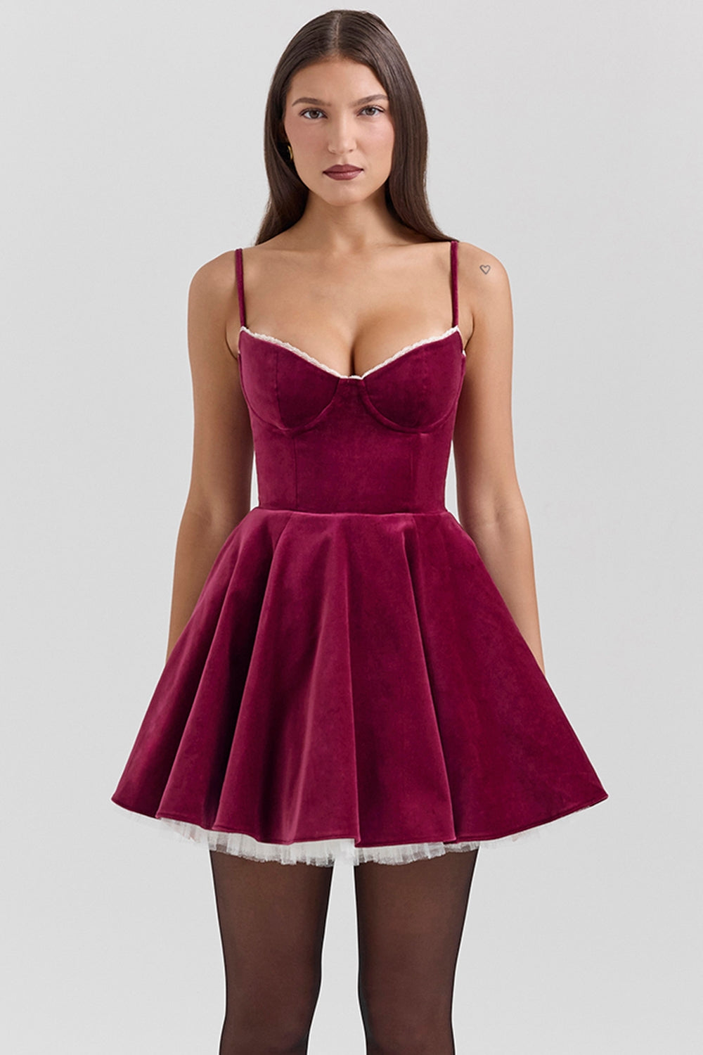 Burgundy Velvet Tulle Mini Dress - Red