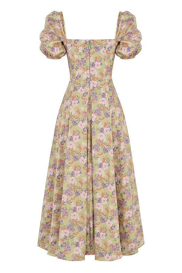 TALLULAH PEONY PRINT FLORAL PUFF SLEEVE MAXI / MIDI DRESS - Beige