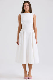 Cindy White Twill Midi Dress Sundress - White