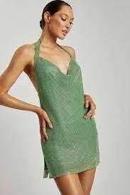 ELANI Low Back Diamante Mesh Mini Dress - Green