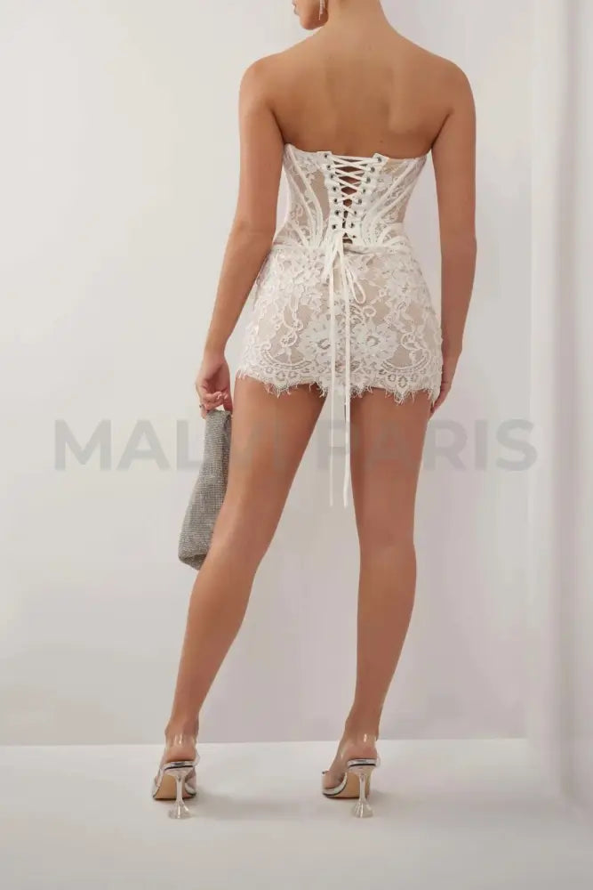 ELISSA WHITE LACE CORSET DRAPED MINI DRESS - White - MALVI PARISMALVI PARIS