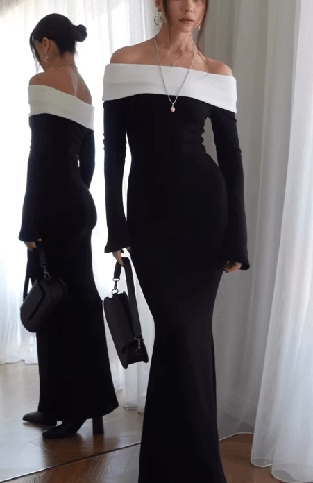 EMILION BLACK CLASSY OFF SHOULDER  MAXI DRESS - Black