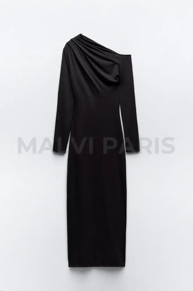 EVA LONG ASYMMETRIC POLYAMIDE MAXI DRESS -Black - MALVI PARISMALVI PARIS