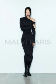 EVA LONG ASYMMETRIC POLYAMIDE MAXI DRESS -Black - MALVI PARISMALVI PARIS