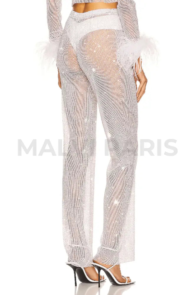 EVI RHINESTONE   EMBELLISHED STRAIGHT LEG PANTS - Snow White - MALVI PARIS