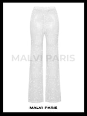 EVI RHINESTONE   EMBELLISHED STRAIGHT LEG PANTS - Snow White - MALVI PARIS