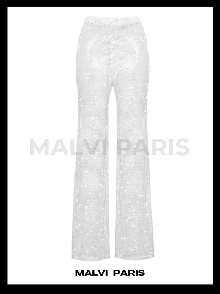 EVI RHINESTONE   EMBELLISHED STRAIGHT LEG PANTS - Snow White - MALVI PARIS