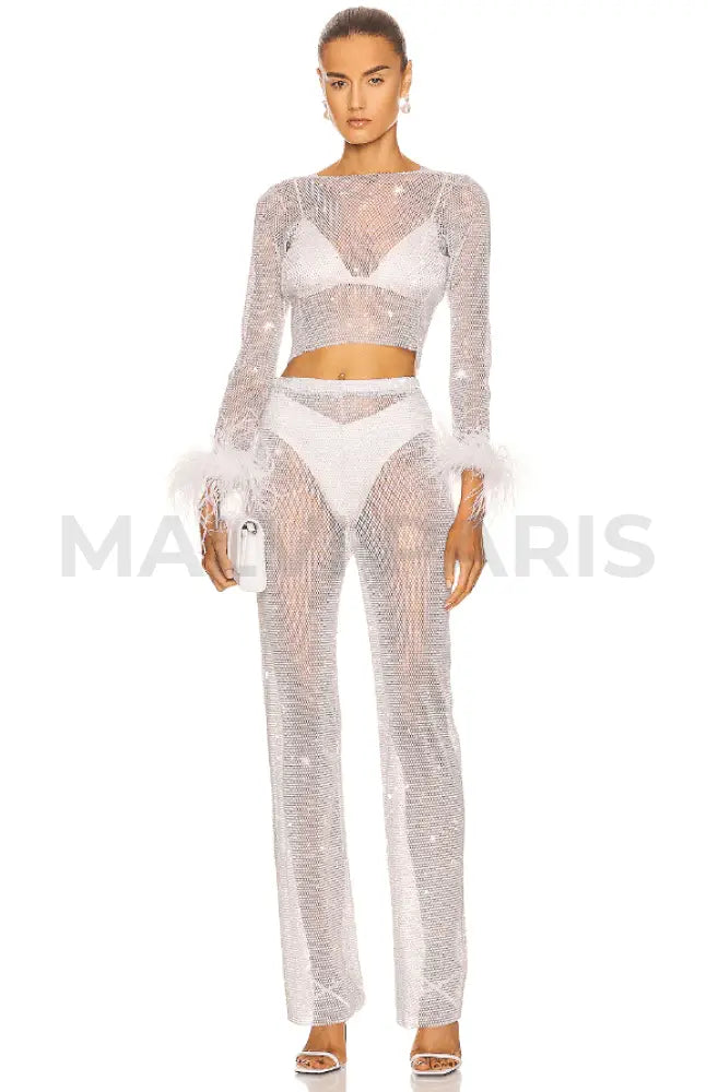 EVI RHINESTONE   EMBELLISHED STRAIGHT LEG PANTS - Snow White - MALVI PARIS