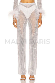 EVI RHINESTONE   EMBELLISHED STRAIGHT LEG PANTS - Snow White - MALVI PARIS