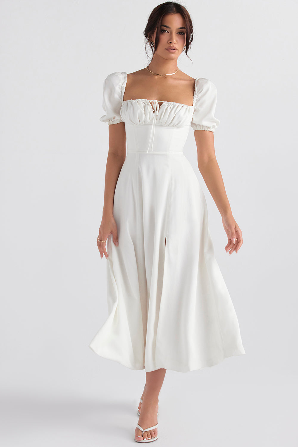 TALLULAH WHITE PUFF SLEEVE MIDI DRESS  - White