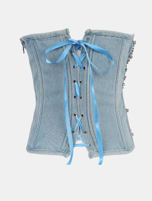 SERAPHINA DENIM CORSET RHINESTONE FISHNET BUSTIER TOP - Blue