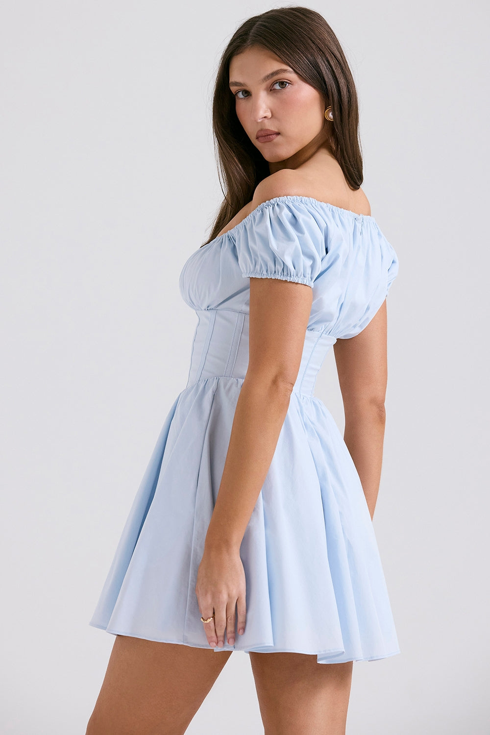 NALA SOFT BLUE COTTON GATHERED MINI DRESS - Blue