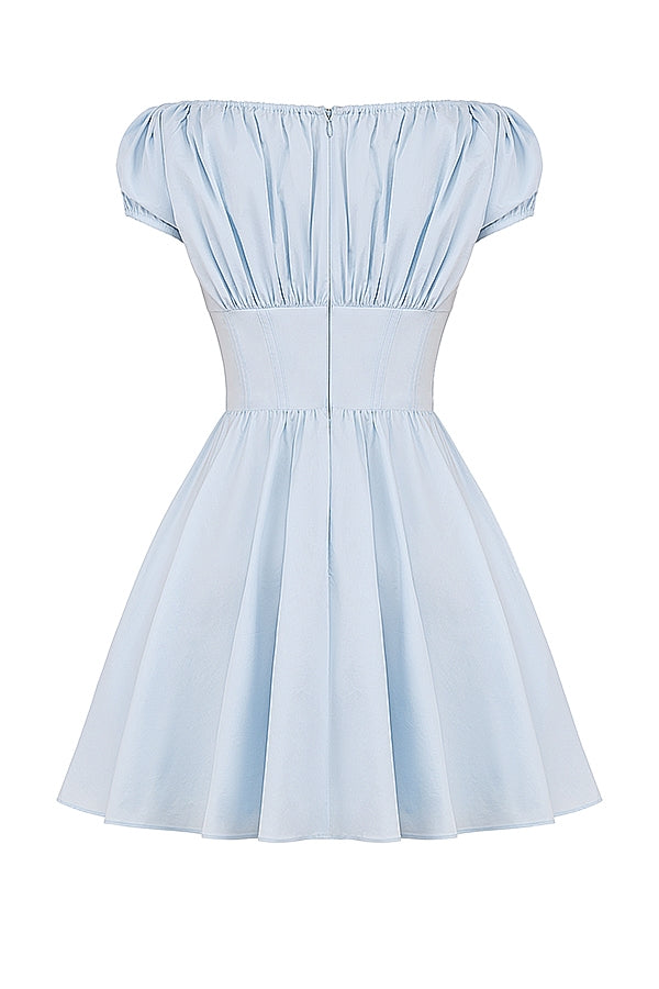 NALA SOFT BLUE COTTON GATHERED MINI DRESS - Blue