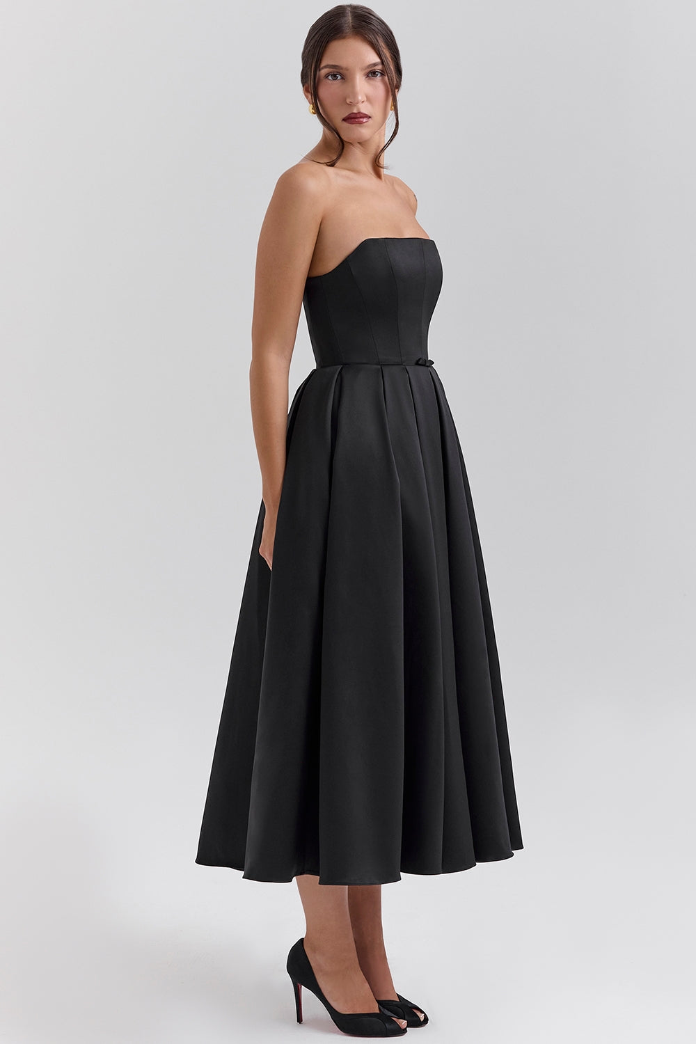 Strapless Satin Corset Midi Dress - Black