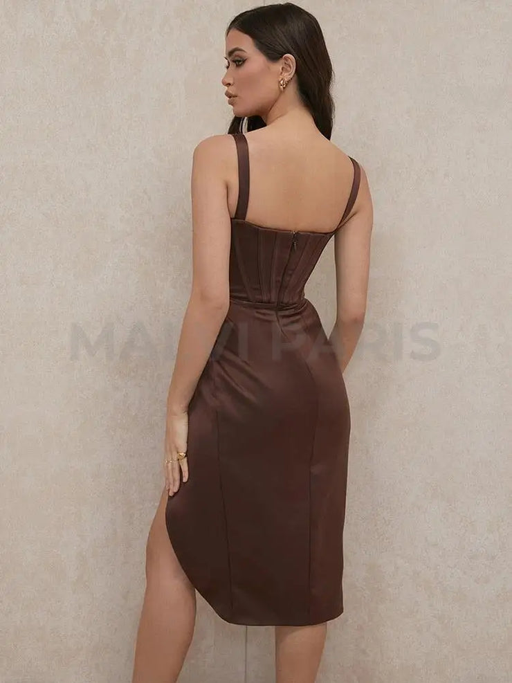 FAYE CHOCOLATE SATIN CORSET DRESS BROWN - MALVI PARIS