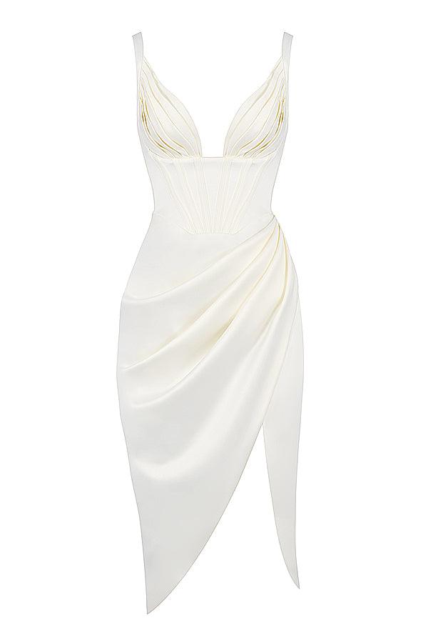 FAYE IVORY SATIN CORSET MIDI DRESS WHITE - MALVI PARIS