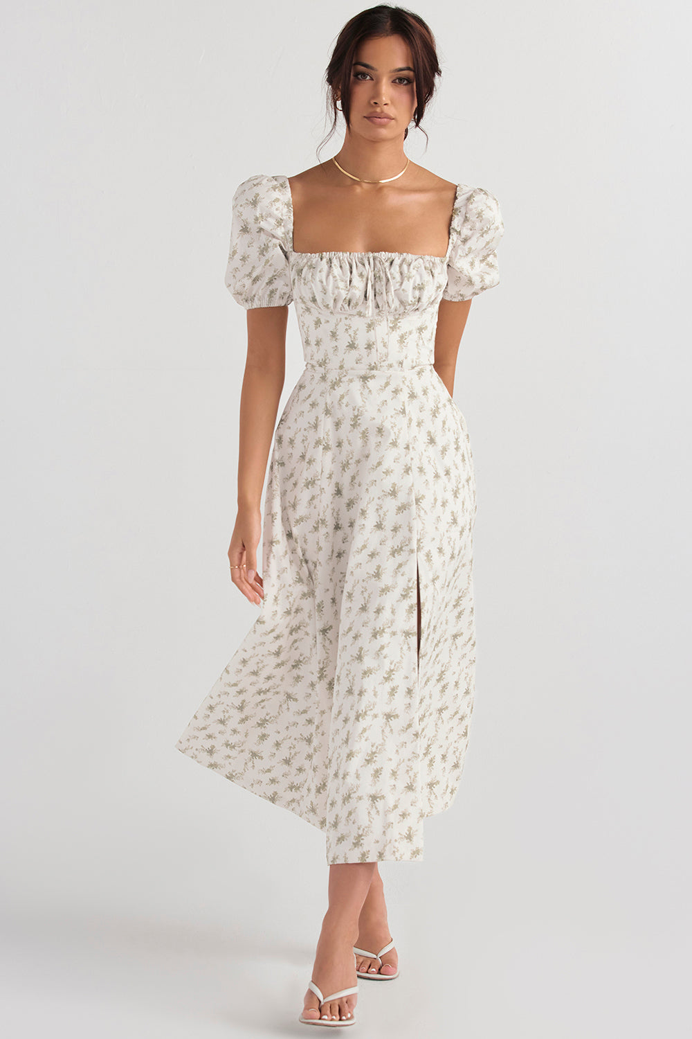 TALLULAH GARDEN PRINT PUFF SLEEVE MIDI SUNDRESS. - White