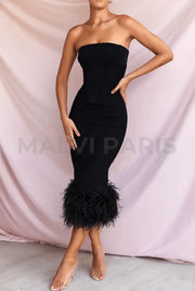 FIONULA BLACK STRAPLESS FEATHER CORSET  MAXI / MIDI DRESS - Black - MALVI PARIS