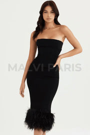 FIONULA BLACK STRAPLESS FEATHER CORSET  MAXI / MIDI DRESS - Black - MALVI PARIS