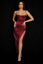 FLORA DARK RED SATIN PLEATED CORSET MAXI DRESS - Red - MALVI PARIS