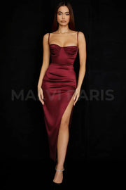 FLORA DARK RED SATIN PLEATED CORSET MAXI DRESS - Red - MALVI PARIS