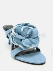 Floral High Heeled Denim Sandals - Blue High Heels