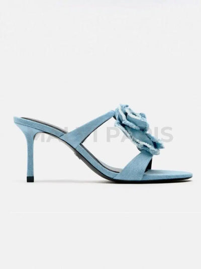 Floral High Heeled Denim Sandals - Blue High Heels