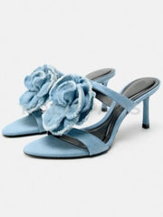 Floral High Heeled Denim Sandals - Blue High Heels