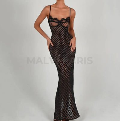 Freya Lace Mesh Maxi Dress - Black Party Dress