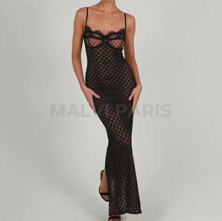 Freya Lace Mesh Maxi Dress - Black Party Dress