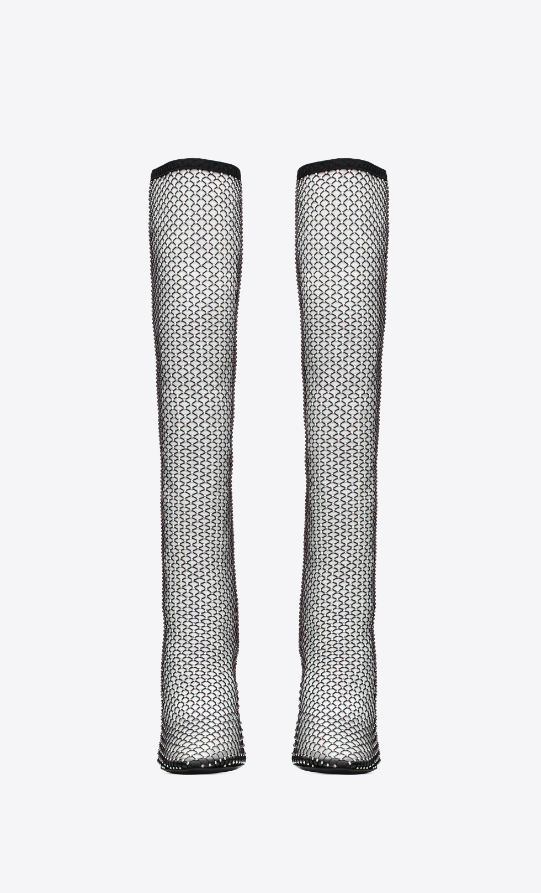 Lauren 68 Rhinestone Fishnet Crystal Knee Boots - Black