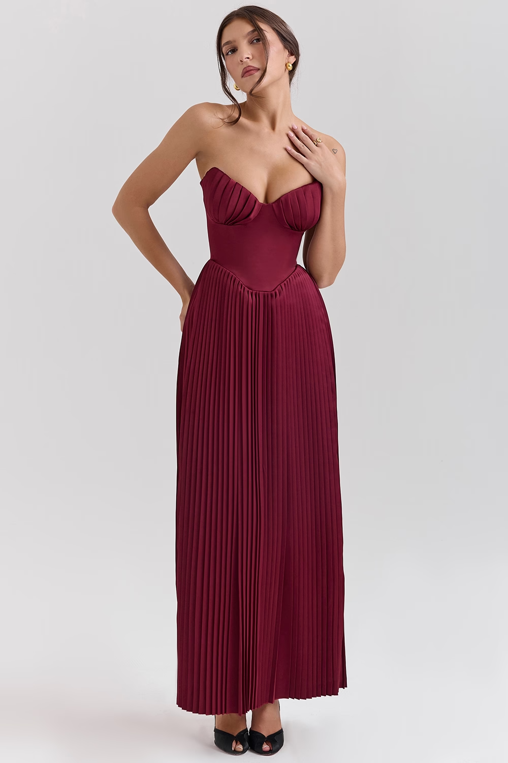 Marcella - Berry Pleated Georgette Maxi Dress - RED