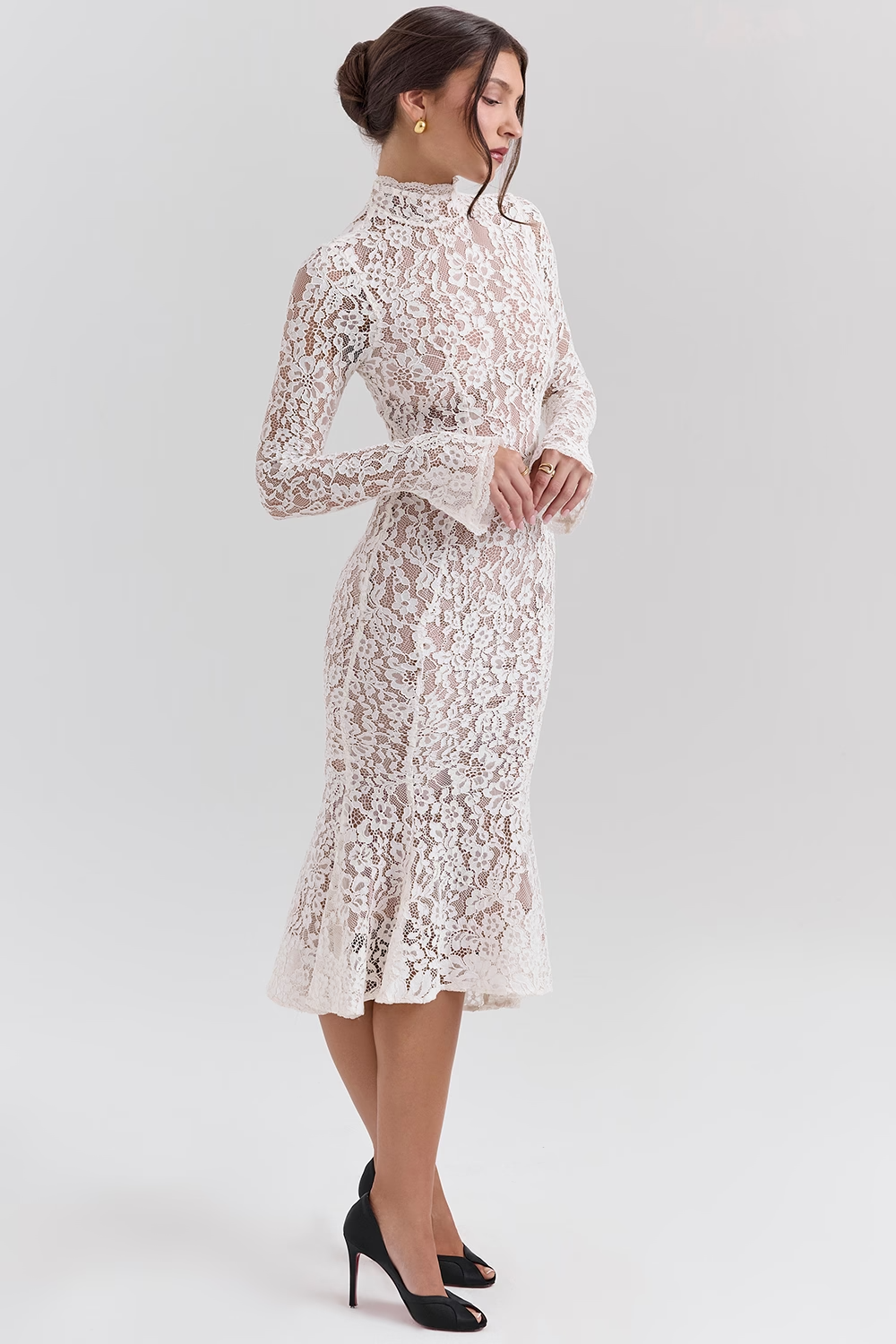 Sophia Vintage Ivory Lace Fitted Midi Dress - Ivory White