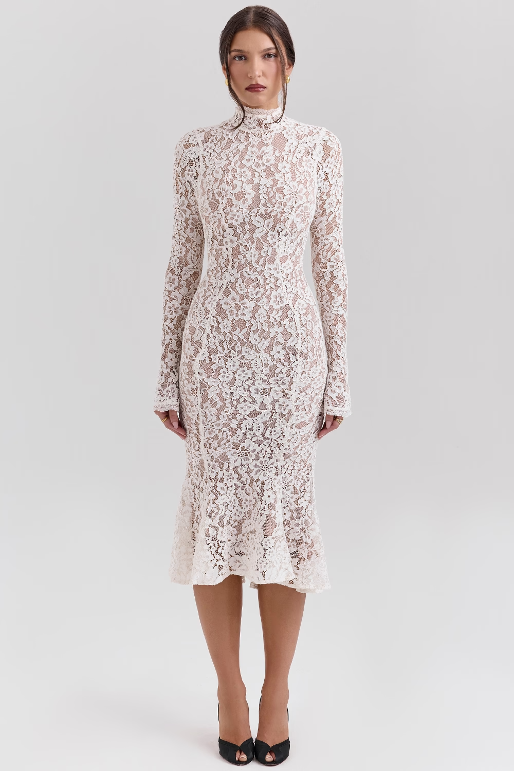 Sophia Vintage Ivory Lace Fitted Midi Dress - Ivory White