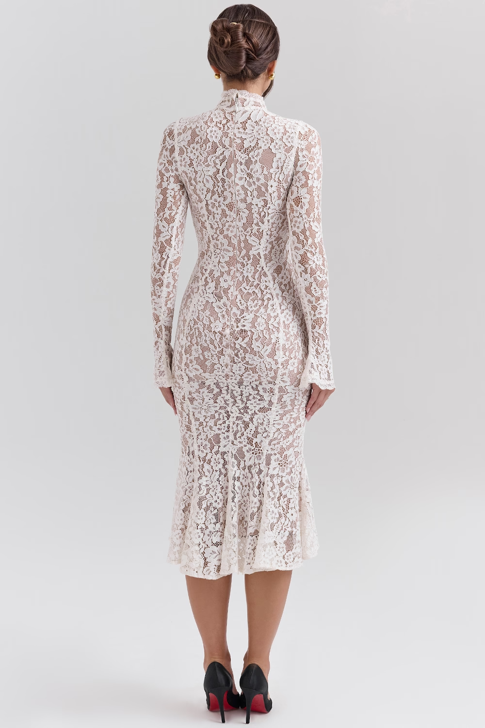 Sophia Vintage Ivory Lace Fitted Midi Dress - Ivory White