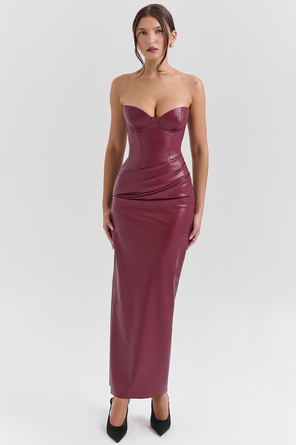 Juliana Cabernet Vegan Leather Midi Dress - Dark red