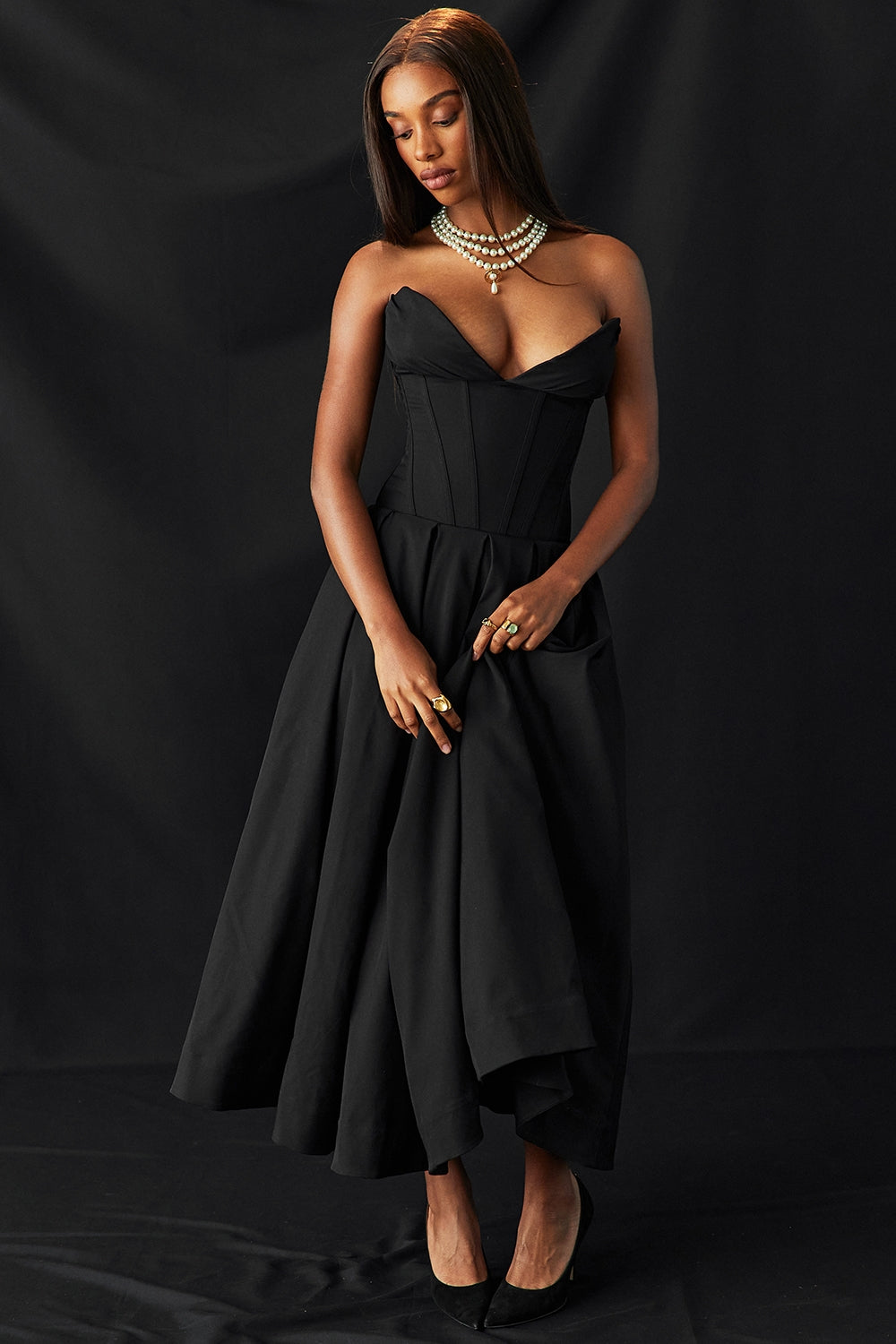 Lady Black Strapless Midi Dress - Black